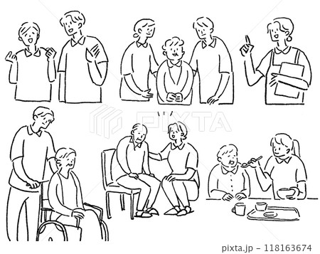 介護、福祉系のお仕事セットA、線画 118163674