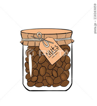 Transparent jar of chocolate covered peanuts, simple illustration 118163859