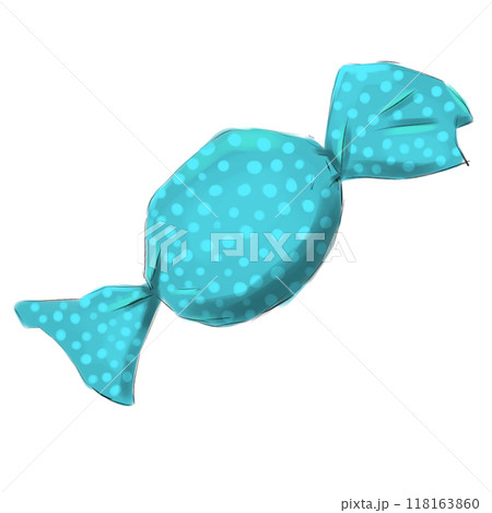 Candy in blue wrapper with dots, simple illustration	 118163860