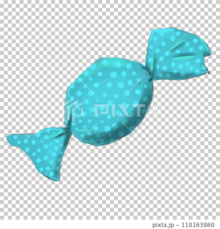 Candy in blue wrapper with dots, simple illustration	 118163860