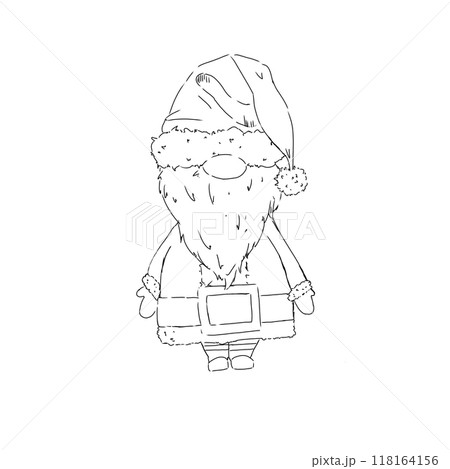 Gnome in Santa suit black and white line illustration Gnome in Santa suit black and white line illustration 118164156