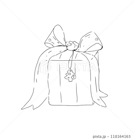 Gift box tied with ribbon with Christmas tree pendant black and white illustration 118164163