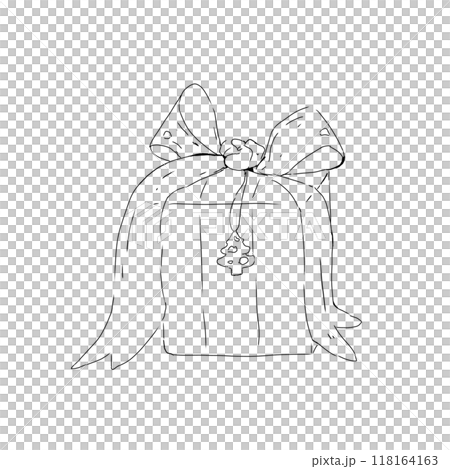 Gift box tied with ribbon with Christmas tree pendant black and white illustration 118164163