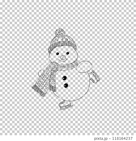 Christmas snowman in knitted scarf and hat skates graphic black and white line illustration print engraving texture new year eve 118164237