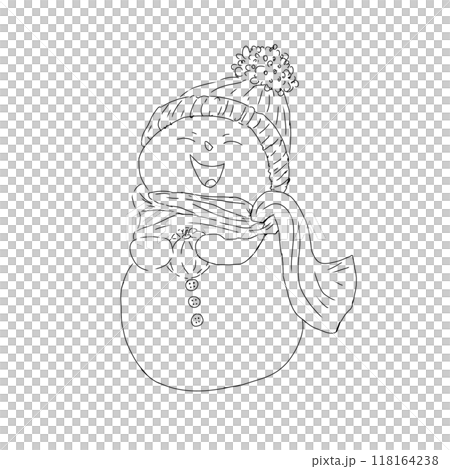 Laughing snowman in a warm scarf and hat holds a tangerine in his hands graphics black and white line illustration print engraving texture new year's eve Laughing snowman in a warm scarf and hat holds a tangerine in his hands graphics black and white line illustration print engraving texture new year's eve 118164238