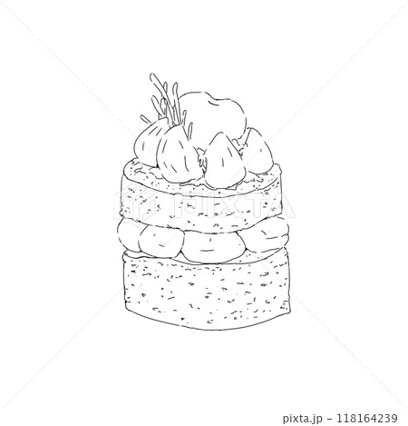 Christmas cake with two cakeless layers and meringue drops with cherries and jam with rosemary branches graphic black and white line illustration print engraving texture new year eve 118164239