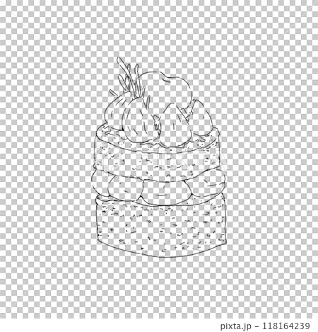 Christmas cake with two cakeless layers and meringue drops with cherries and jam with rosemary branches graphic black and white line illustration print engraving texture new year eve 118164239