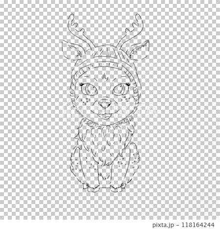 Christmas little reindeer with warm hat sits and looks straight smiles graphic black and white line illustration print engraving texture new year eve 118164244