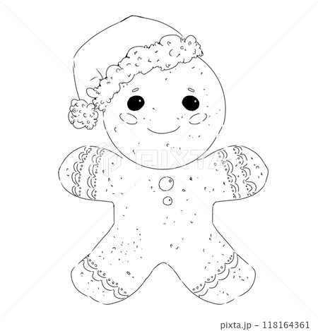 Gingerbread christmas man in santa claus hat graphic black and white line illustration print engraving texture sweetness new years eve treat Gingerbread christmas man in santa claus hat graphic black and white line illustration print engraving texture sweetness new years eve treat 118164361