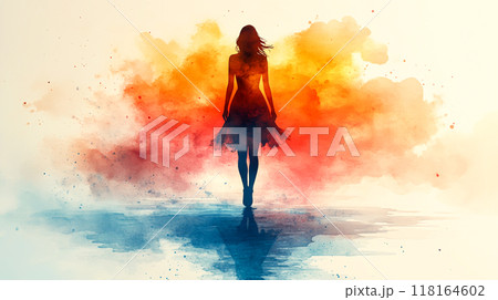 Serene Beauty  Watercolor Painting of Natural Makeup Woman Surrounded by Blooming Flowers Organic Beauty Artwork 118164602