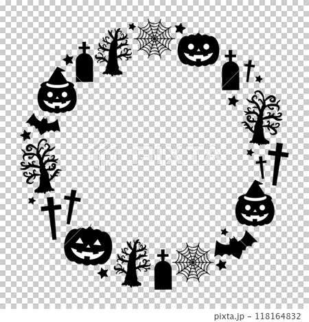 ハロウィン　シルエット　黒　円　フレーム　かぼちゃと蜘蛛の巣と蝙蝠と十字架と木と星 118164832