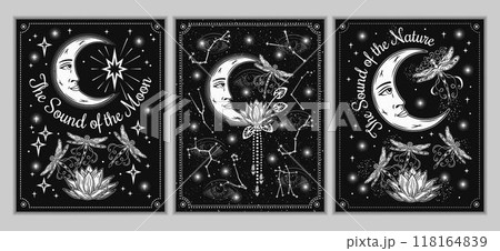 Magic posters, cards with moon, zodiacal constellations, flying dragonfly, magic Lotus. All seeing eye on black background. Astrology, alchemy, boho, mystery concept. Magic posters, cards with moon, zodiacal constellations, flying dragonfly, magic Lotus. All seeing eye on black background. Astrology, alchemy, boho, mystery concept. 118164839