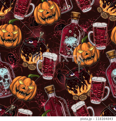 Halloween pattern with glass bottle with poison, skull inside. Witch cauldron with bubbling potion, pumpkin head. Silhouette of spider behind. Witchy, devilry illustration. Vintage style 118164843