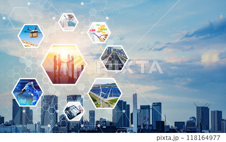 社会に関わる様々なテクノロジーのネットワーク　バナー・広告向け横長ビジュアル 118164977