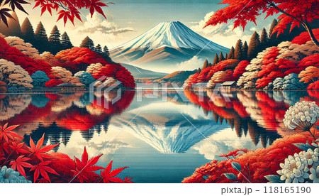 精進湖湖畔の紅葉と逆さ富士 118165190