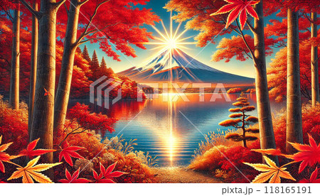 田貫湖のダイヤモンド富士と紅葉 118165191