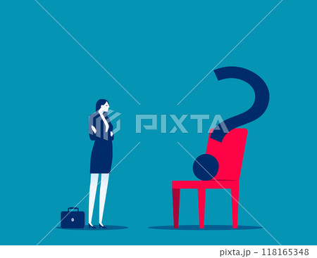 Businesswoman candidate thinking with office chair question mark. Search for new job position Businesswoman candidate thinking with office chair question mark. Search for new job position 118165348