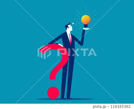 Smart businessman holding question mark sign and lightbulb solution. Creative thinking idea concept 118165362