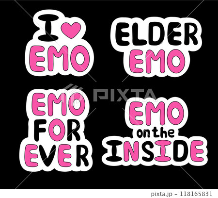 Set of emo stickers. Y2k style. Lettering. Black and pink. Vector flat illustration. 118165831