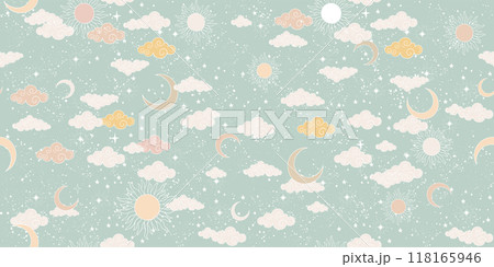Seamless celestial pattern with sun, moon, stars and clouds. Cute background for a card in pastel colors, ornament for paper, fabric, wallpaper. Vector illustration. 118165946