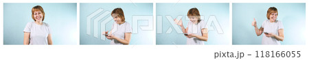A young woman with a phone looks at the screen and rejoices. Set of 4 Images. 118166055