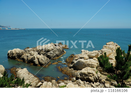 Rocky beach scenery with ocean horizon 118166106