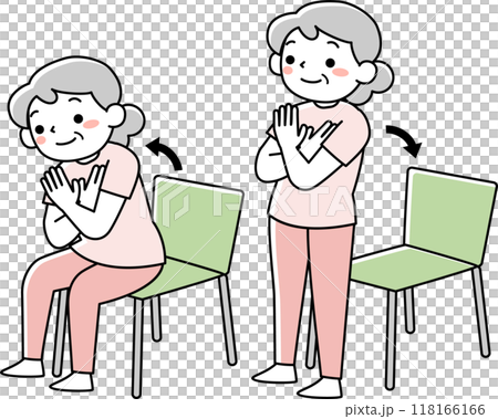 椅子を使ってスクワットをするシニア女性 118166166