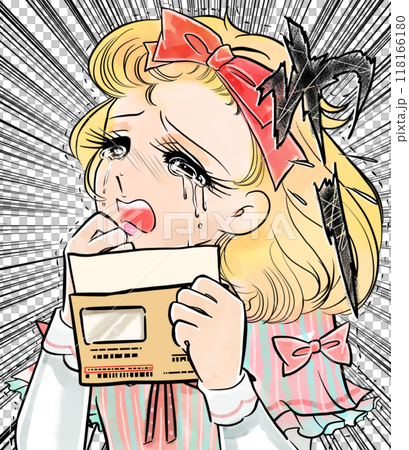 Illustration and concentrated lines of a beautiful blonde woman from a Showa era manga crying in despair over the back taxes levied by the tax office 118166180