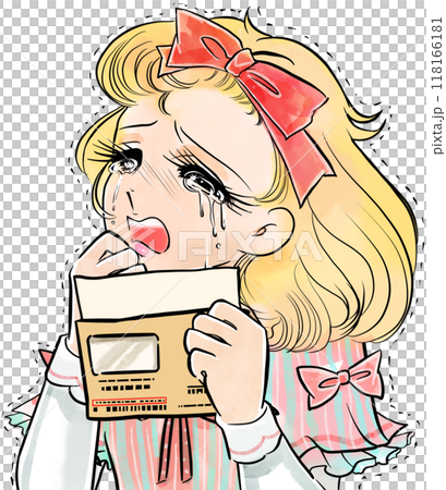 Illustration and concentrated lines of a beautiful blonde woman from a Showa era manga crying in despair over the back taxes levied by the tax office 118166181