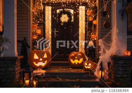 ハロウィンのかぼちゃと玄関の装飾イルミネーション 118166364