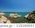 Rocky beach scenery with ocean horizon 118166691