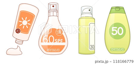 Sunscreen cream in bottle with cap and sprayer. Sunscreen cream in bottle with cap and sprayer. 118166779