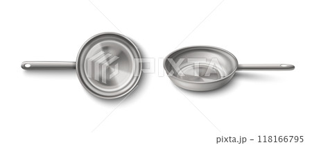 Grey clear new steel frying pan top and side view. 118166795