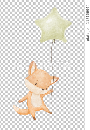 Cute baby fox is flying with balloons. 118166944