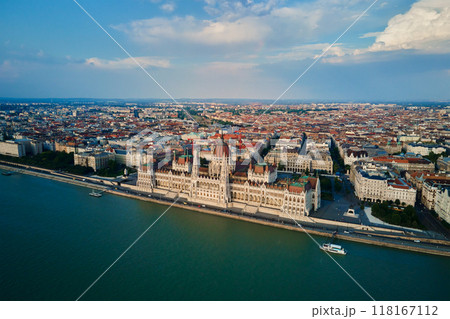 Aerial view of Hungarian Parliament building and Danube River. Historical architecture of Budapest, Hungary Aerial view of Hungarian Parliament building and Danube River. Historical architecture of Budapest, Hungary 118167112