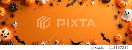 オレンジ背景のハロウィンのバナー画像。カボチャと装飾品のコピースペースあり 118167215