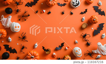 オレンジ背景のハロウィンのバナー画像。カボチャと装飾品のコピースペースあり 118167216