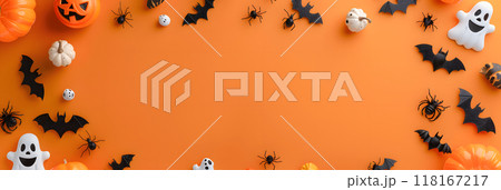 オレンジ背景のハロウィンのバナー画像。カボチャと装飾品のコピースペースあり 118167217