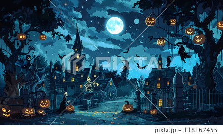 月明かりの下のハロウィン城とかぼちゃのランタンのイラスト 118167455