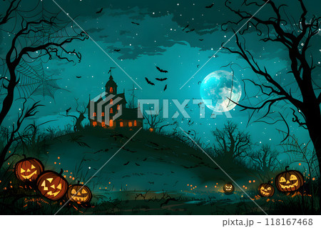 月明かりの下のハロウィン城とかぼちゃのランタンのイラスト 118167468