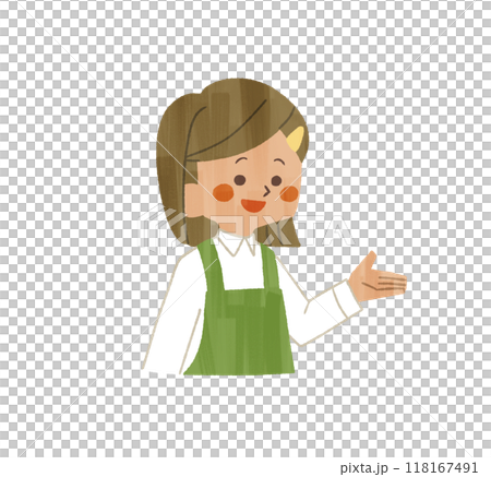 A woman wearing an apron smiling and talking - Gash 118167491