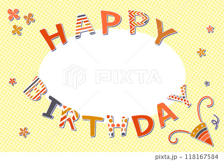 ワッペン風の文字素材 HAPPY BIRTHDAY フォトフレーム ドット柄 オレンジ 118167584