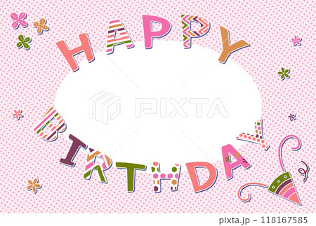 ワッペン風の文字素材 HAPPY BIRTHDAY フォトフレーム ドット柄 ピンク 118167585