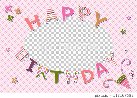 ワッペン風の文字素材 HAPPY BIRTHDAY フォトフレーム ドット柄 ピンク 118167585