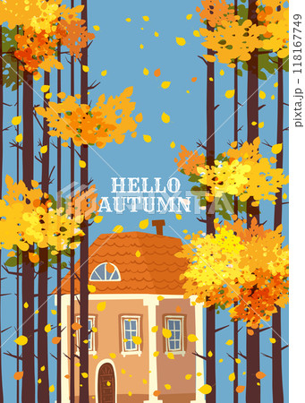 Poster Hello Autumn landscape, woman in autumn coat walking the dog, house 118167749
