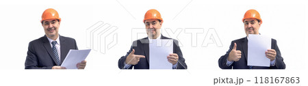 Smiling Engineer Holding Blank Paper. Construction Project Ad Mockup Isolated on White 118167863