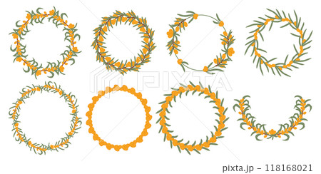 Big collection of sea buckthorn berry wreaths with green leaves, depicting circular compositions of the vibrant orange berries and luxuriant foliage. Big collection of sea buckthorn berry wreaths with green leaves, depicting circular compositions of the vibrant orange berries and luxuriant foliage. 118168021