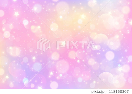 Pink unicorn background with stars and sparkles. Cute rainbow fantasy backdrop with bokeh and glitter. Dreamy sky with watercolor texture. Abstract vector gradient wallpaper 118168307