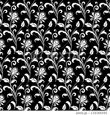 Flower pattern. Seamless white and black ornament. Graphic vector background. Ornament for fabric, wallpaper, packaging. Flower pattern. Seamless white and black ornament. Graphic vector background. Ornament for fabric, wallpaper, packaging. 118168385