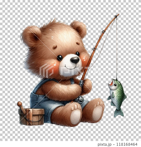 Cute bear sitting fishing Clipart Watercolor  118168464